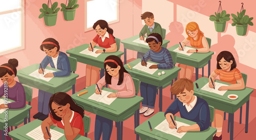 Students taking a test in a classroom with green desks and hanging plants.