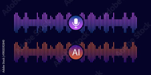 Voice Recognition AI personal assistant modern technology visual concept vector illustration design. Microphone button and AI  icon on digital sound wave audio spectrum line background.