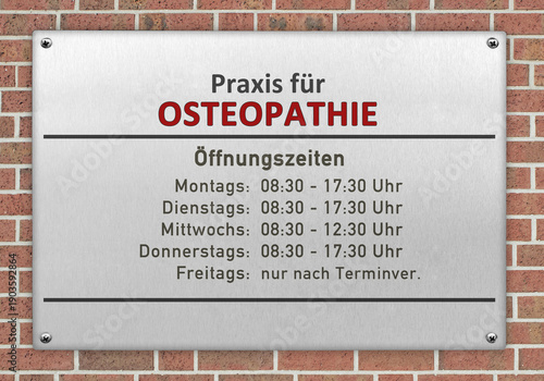 Praxisschild, Osteopathie mit Öffnungszeiten, (Symbolbild)