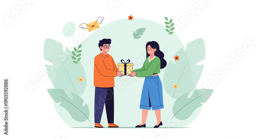 Man and woman exchanging a trophy surrounded by leaves and flowers.