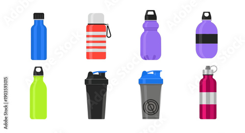 Assorted Reusable Water Bottles and Shaker Containers for Fitness and Hydration.