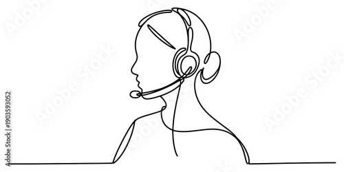 Continuous line drawing of a female customer service representative wearing a headset Vector, illustration