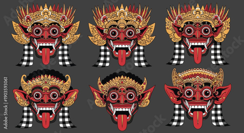Set of six traditional Balinese Rangda masks with varying designs.