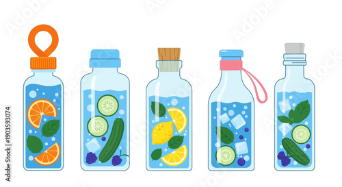 Assorted flavored water bottles with fruits and herbs.