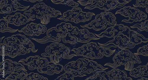Intricate gold pattern on dark blue background with swirling shapes.