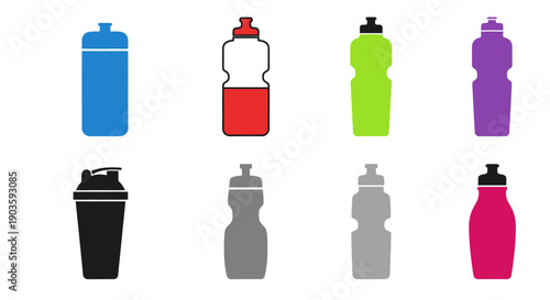 Assorted Colorful Water Bottles and Shaker Containers for Fitness and Hydration.
