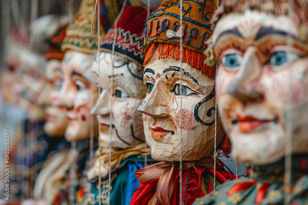 Fototapeta premium Colorful handcrafted puppets controlled by puppeteer in traditional children entertainment generative AI