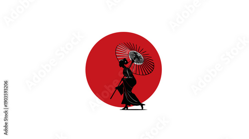 Stylized traditional East Asian woman silhouette in kimono, holding a parasol and sword, against a striking red sun disc background. Vector illustration.