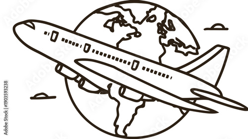 Outline vector illustration of an airplane flying around the globe, symbolizing global travel, aviation, and worldwide air transport.