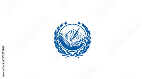 Blue academic emblem with an open book, quill pen, laurel wreath, and stars. Symbolizing education, knowledge, learning, and scholarship.