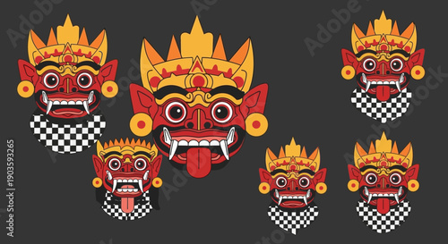 Traditional Balinese Barong masks in various sizes and designs.