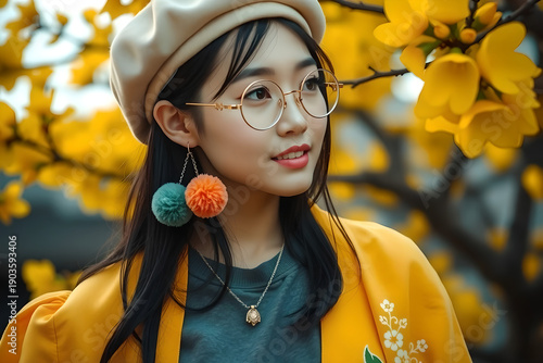 Charming young Asian woman wearing a beret and glasses, adorned with colorful pom-pom earrings, smiling softly amidst vibrant yellow flowers in spring.