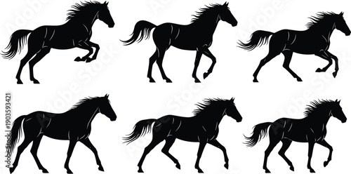 Set of running horse silhouettes in different poses isolated on light background for equestrian design and motion illustration collection use