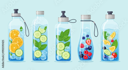 Assorted flavored water bottles with fruits and ice.