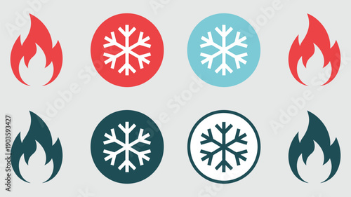 Cold Weather Icons, Fire and Snowflake Symbols in Vector Design