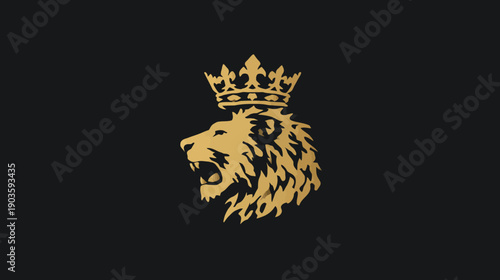 Majestic Golden Lion Head with Crown Emblem on Dark Background, Royal Animal Symbol of Power, Luxury, and Leadership