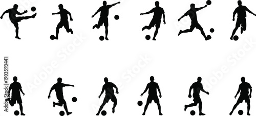 Set of soccer player silhouettes dribbling kicking and running poses isolated on light background for sports design collection use vector