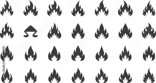 Set of stylized fire flame icons in multiple shapes isolated on light background for heat warning symbol design collection vector illustration