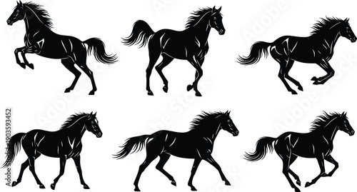 Set of running horse silhouettes in dynamic motion poses isolated on light background for equestrian design and animal illustration collection