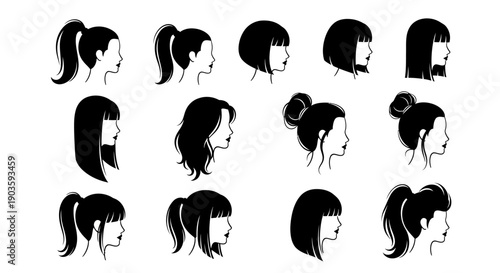 Collection of Various Female Hairstyles Illustrated in Black Silhouette.
