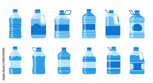 Collection of various plastic water bottles with different designs and capacities.