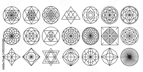 Sacred geometry symbol collection for spiritual meditation, yoga studio branding, holistic wellness design, energy healing practices, and mindfulness application graphics