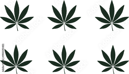 Cannabis marijuana leaf silhouette icons set illustration, hemp plant symbols representing herbal nature, medicinal concept, botanical design, eco theme,  