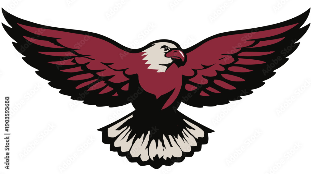 Fototapeta premium Majestic eagle bird of prey illustration with spread wings, a powerful flying mascot design in bold red, black, and white.