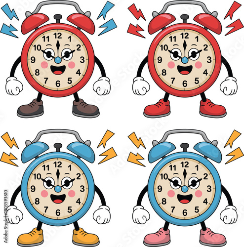 Cute cartoon alarm clock characters set with colorful ringing clocks and lightning bolts, perfect for time management concepts, kids education, schedules, reminders, and playful designs