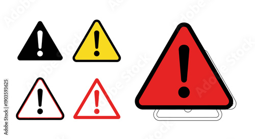 Collection of warning and caution signs with exclamation marks.