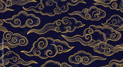 Gold cloud pattern on dark blue background, elegant design, luxury wallpaper, abstract art, decorative element, ornate texture, vintage style, artistic motif, sophisticated decor, intricate clouds.