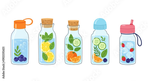 Five bottles of flavored water with fruits and berries.