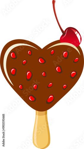 Vector Appetizing heart-shaped chocolate popsicle topped with a ripe cherry and red sprinkles, red heart with strawberry, valentine's day, love story, romantic 