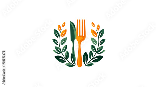 Elegant cutlery (knife and fork) with natural green leaf wreath, perfect for organic food, restaurant, or healthy dining logo concept illustration
