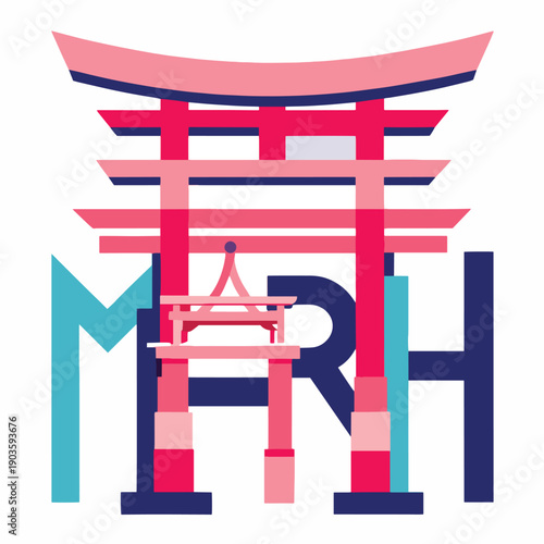 a stylized illustration featuring a traditional japanese torii gate design integrated with bold colorful lettering and graphic elements