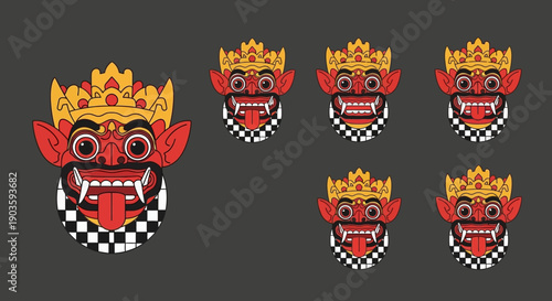 Balinese Barong Mask Icon Set with Checkered Pattern.