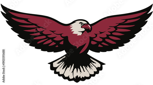 Majestic eagle bird of prey illustration with spread wings, a powerful flying mascot design in bold red, black, and white.