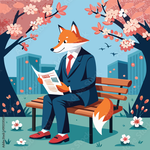 a sophisticated fox in a business suit sits on a park bench reading a newspaper with cherry blossoms surrounding the scene