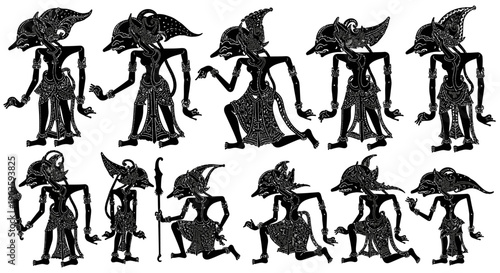 Black silhouettes of fantasy creatures with wings and staffs in various poses.