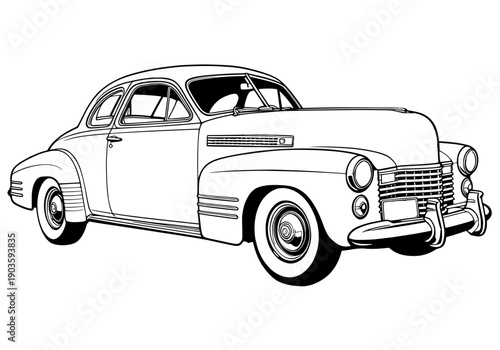 Classic 1940s vintage luxury coupe car line art vector