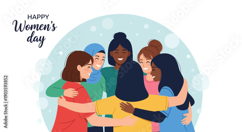 Diverse group of women embracing each other on International Women's Day.