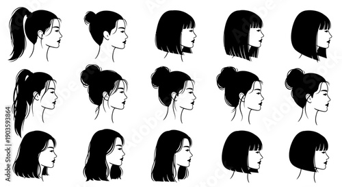 Collection of various female hairstyles illustrated in black and white.