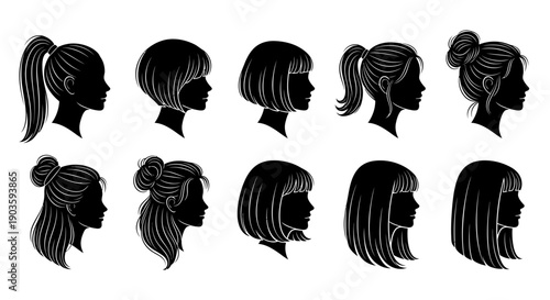 Collection of Silhouettes of Women's Profiles with Various Hairstyles.
