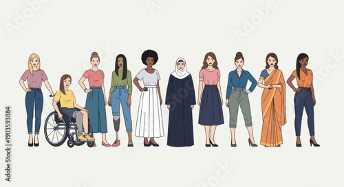 Diverse group of women standing together in various outfits and styles.