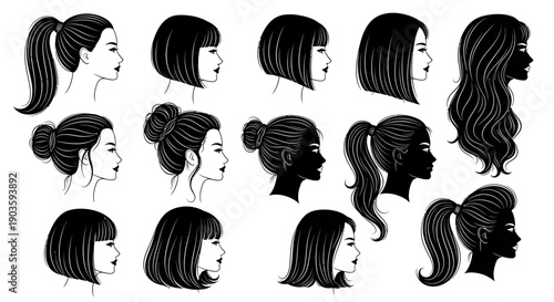 Collection of various female hairstyles illustrated in black and white.