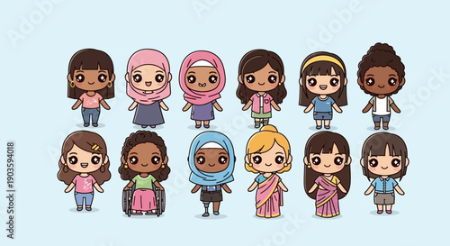 Diverse group of cartoon girls in various traditional and casual clothing.