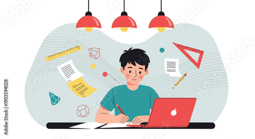 Young man working on laptop surrounded by educational elements.