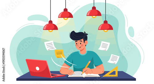 Man working on laptop and writing notes at desk with hanging lamps.