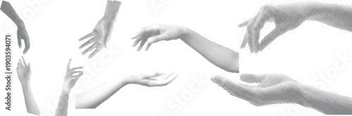 Retro pop art halftone human hand with pointing finger vector illustration. Vintage grunge punk dotted cut out pop art style collage element for mixed media, magazine, poster or infographic design