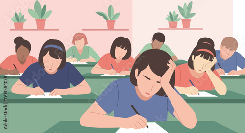 Students taking a test in a classroom setting with diverse group of people.